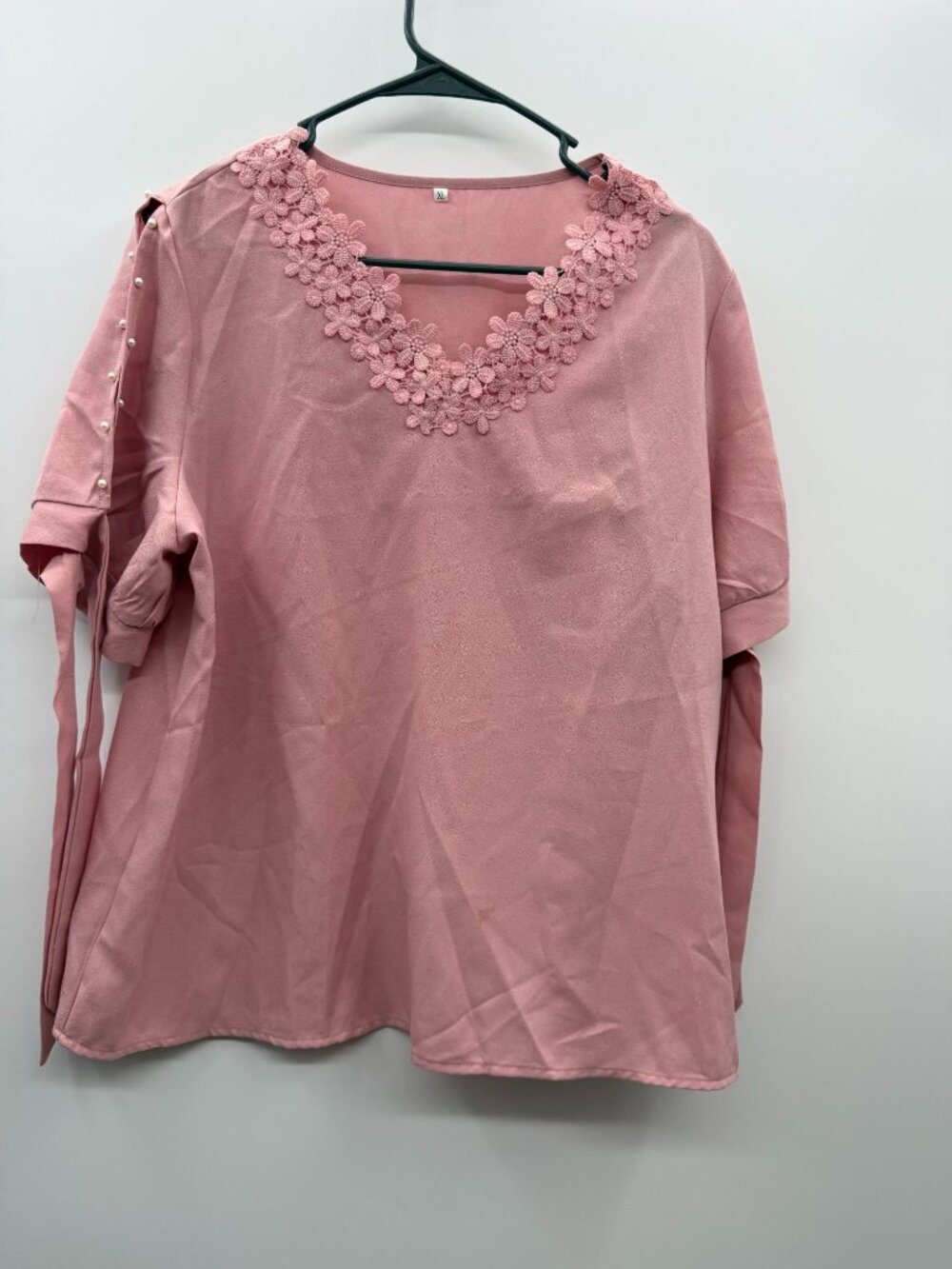 Women  Pink Floral Lace Blouse XL 3/4Sleeve Pearl Detail casual Top
